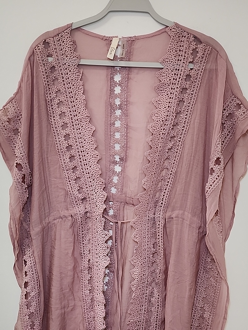 ELAN Women's Vivi crochet Cover Up tie front boho slouchy pink Mauve Lace Sz S - Picture 4 of 16